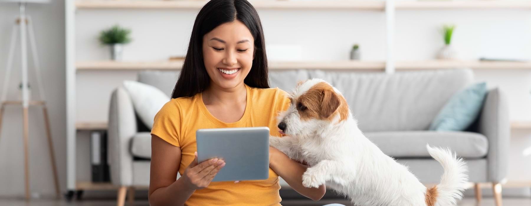 a woman on a computer with her dog